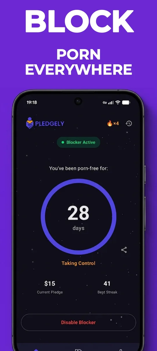 Pledgely home screen with the porn blocker active, protecting the whole device