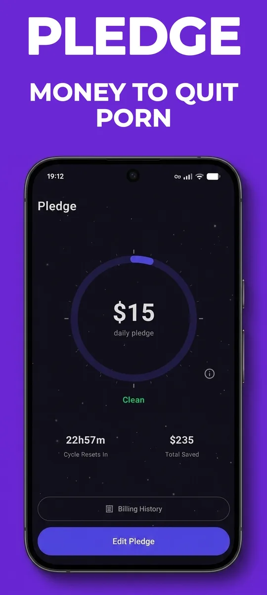 Pledgely app pledge screen showing a $15 daily pledge, a clean status, and $235 saved by staying porn-free