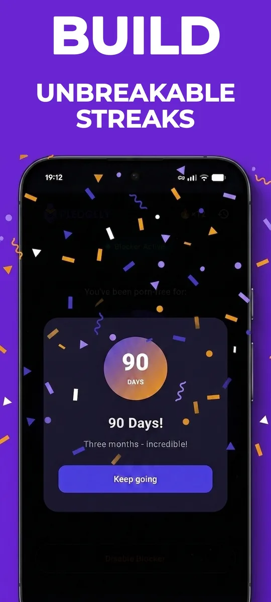 Streak screen showing porn-free day count and milestone progress